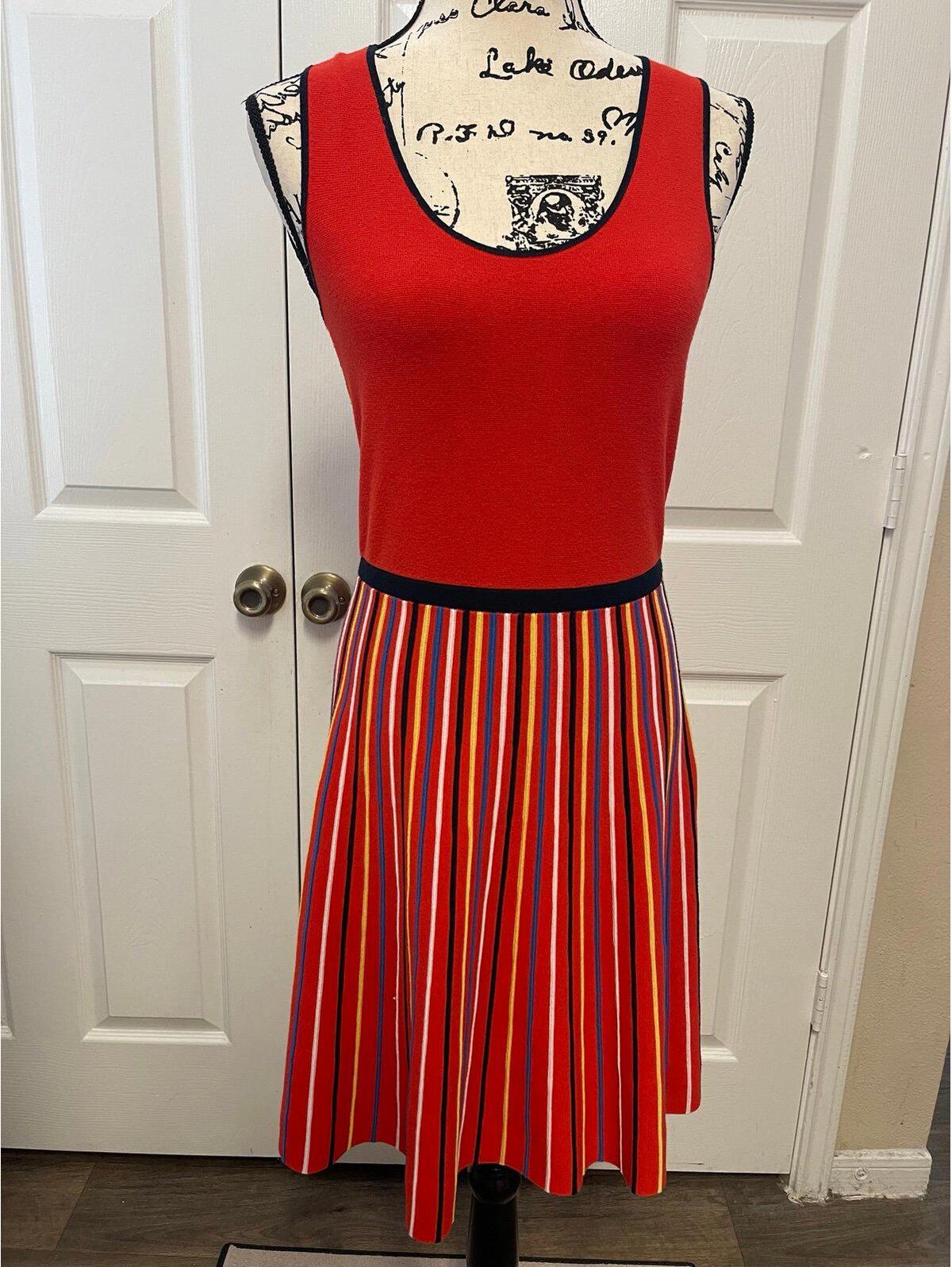 Banana Republic Knit Fit & Flare Dress Red Striped Sleeveless Medium